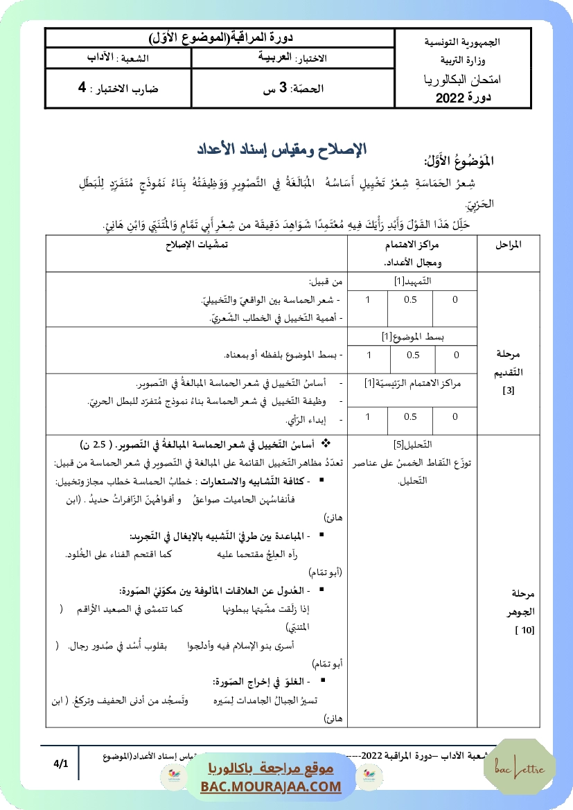 Corrigé controle arabe Bac 2022 – Section lettre